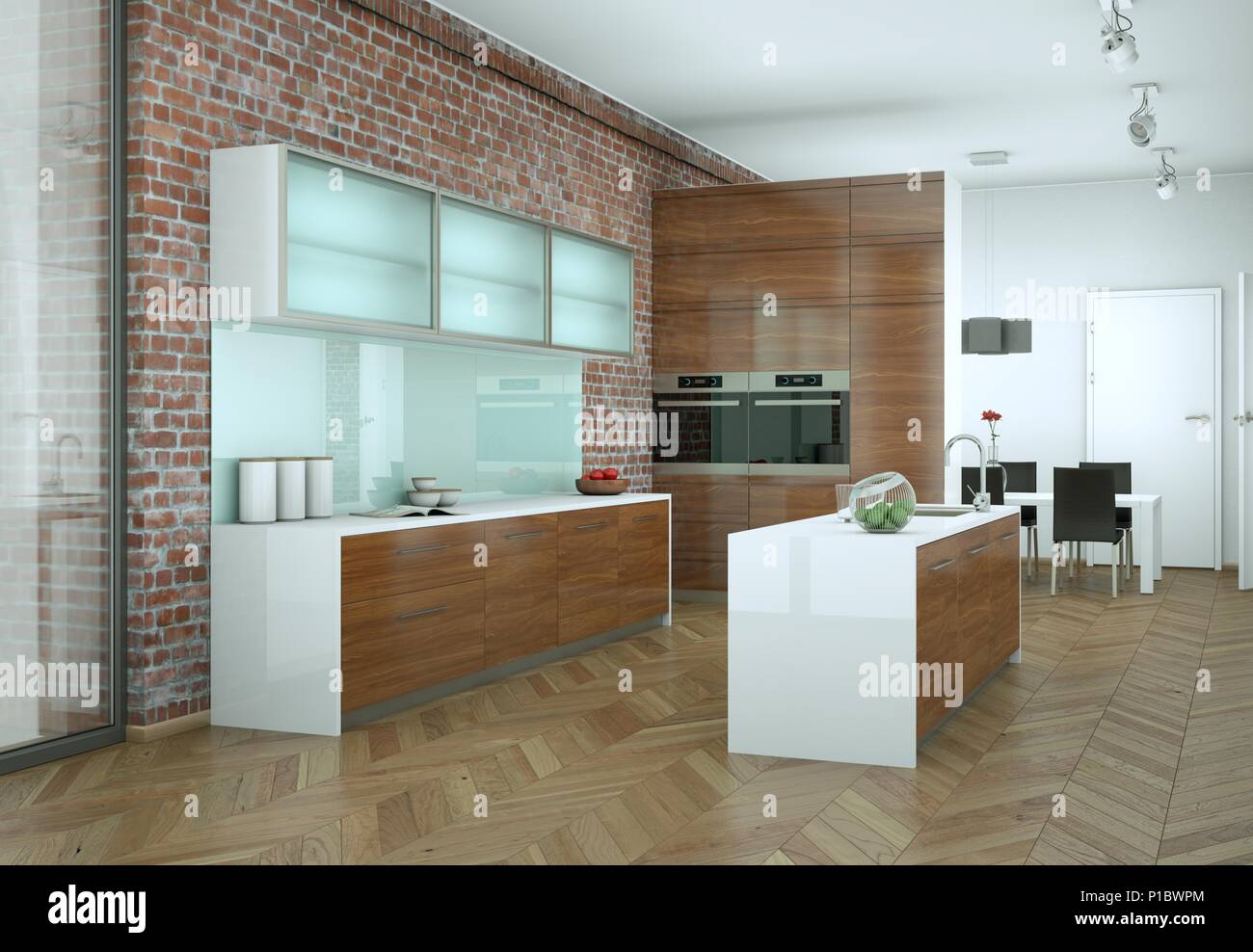 Bright modern kitchen in a room with stone wall Stock Photo - Alamy