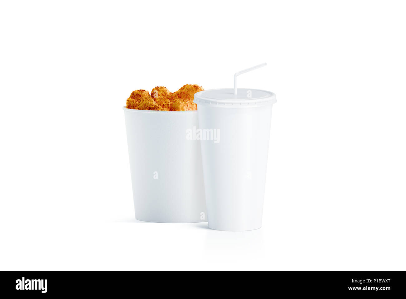 Blank white food bucket with cup with straw mockup, 3d rendering. Empty pail fastfood and paper soda drinking mug with lid and tube mockup. Paper hen  Stock Photo
