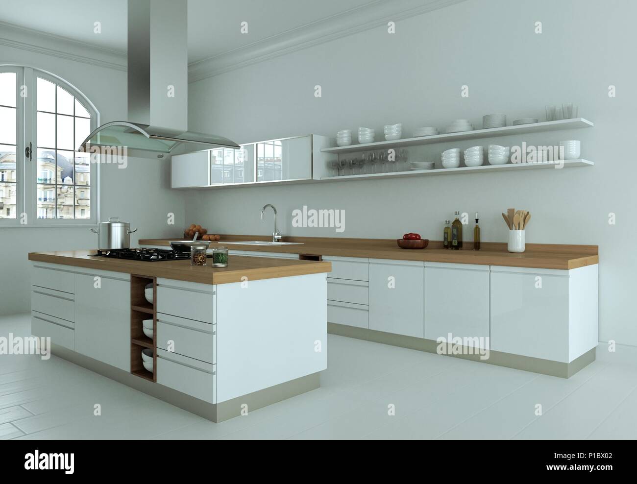 White modern kitchen interior design illustration Stock Photo - Alamy