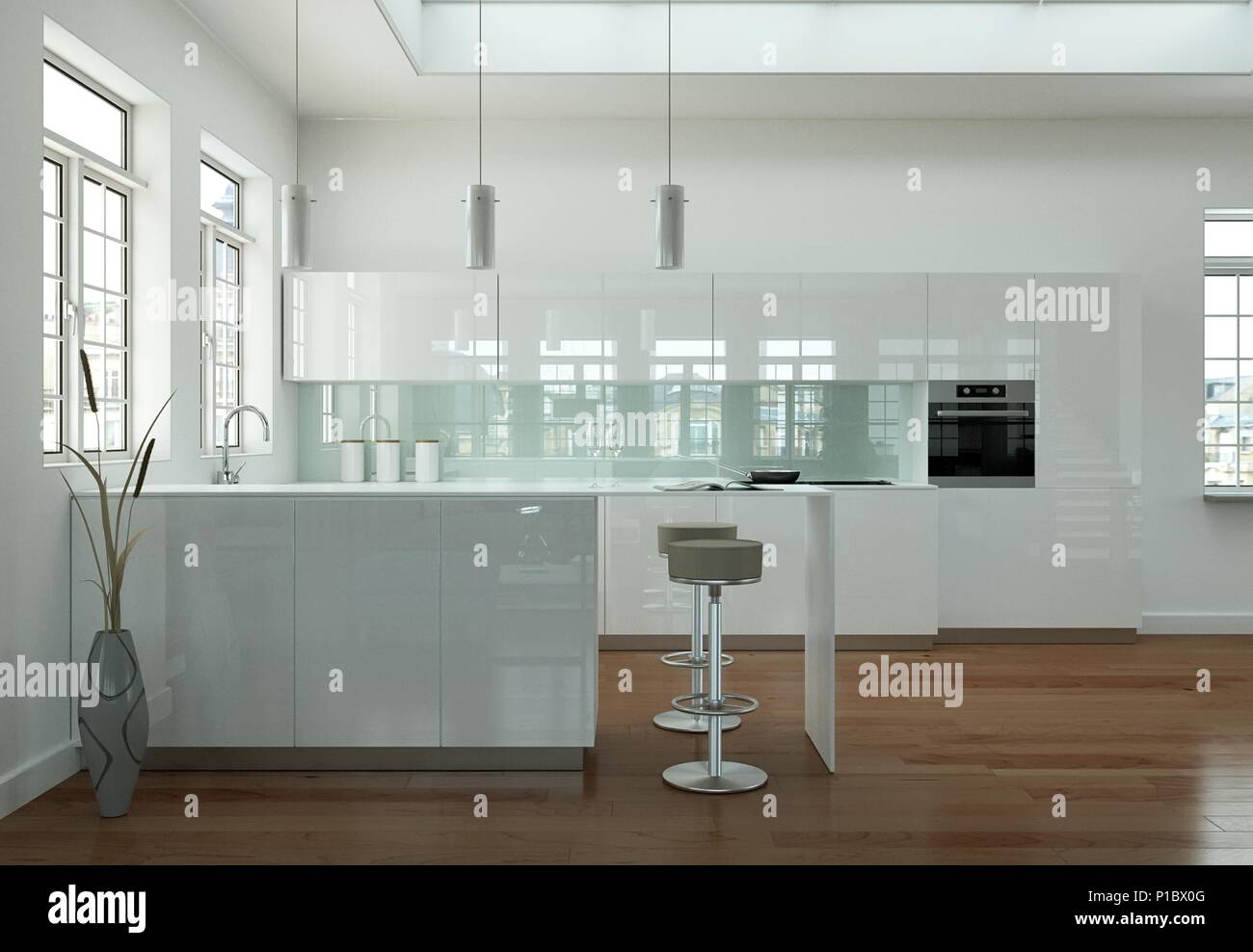 White modern kitchen interior design illustration Stock Photo - Alamy