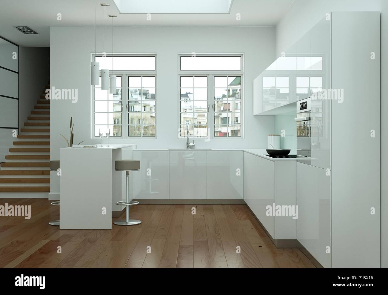 White modern kitchen interior design illustration Stock Photo - Alamy