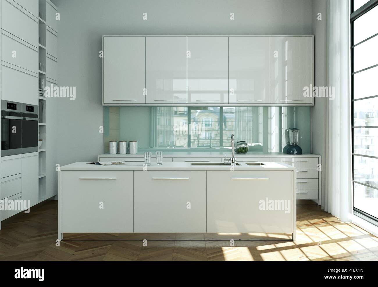 White modern kitchen interior design illustration Stock Photo - Alamy
