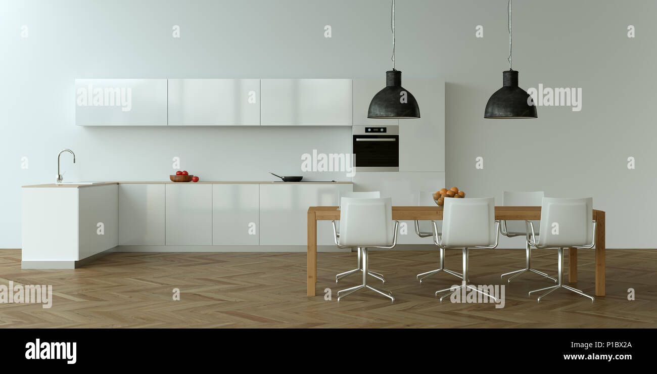 White modern kitchen interior design illustration Stock Photo - Alamy