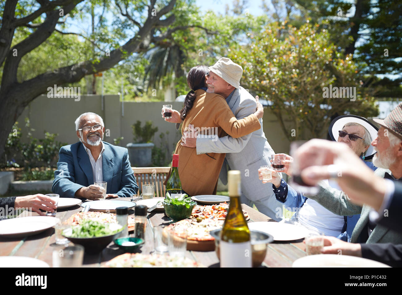 Friends toasting affectionate senior couple hugging at sunny garden party Stock Photo