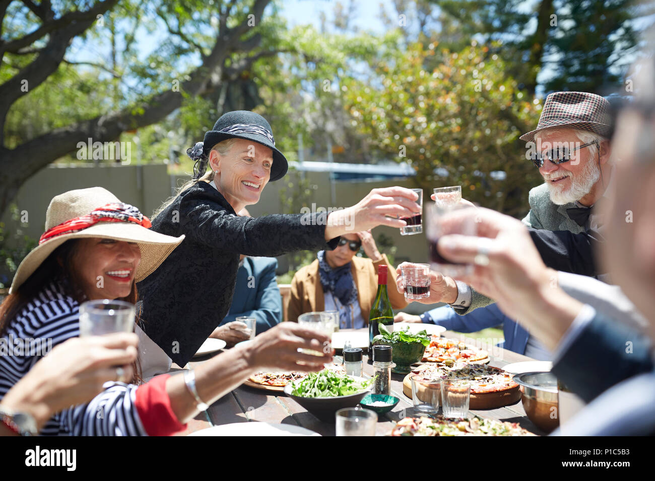 Happy senior friends toasting wine glasses at sunny garden party table Stock Photo
