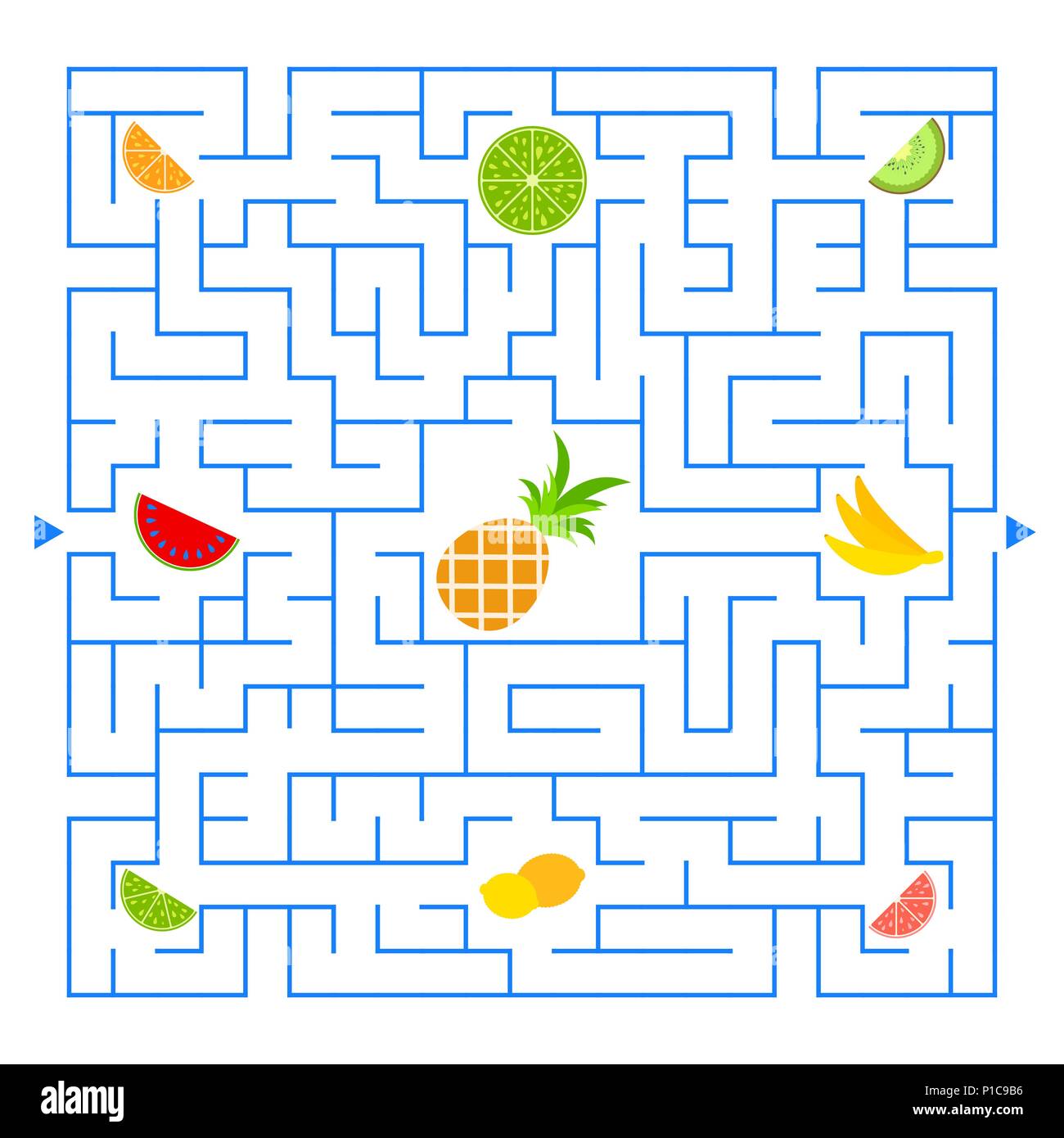 Abstract colored complex isolated maze with fruit. Blue color on a white background. An interesting game for children. Vector illustration. Stock Vector