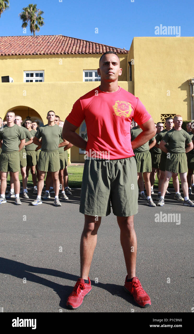 A drill instructor from Bravo Company, 1st Recruit Training Battalion, stands in front of his