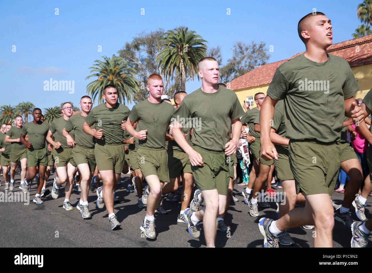 Marines from Bravo Company, 1st Recruit Training Battalion, run in