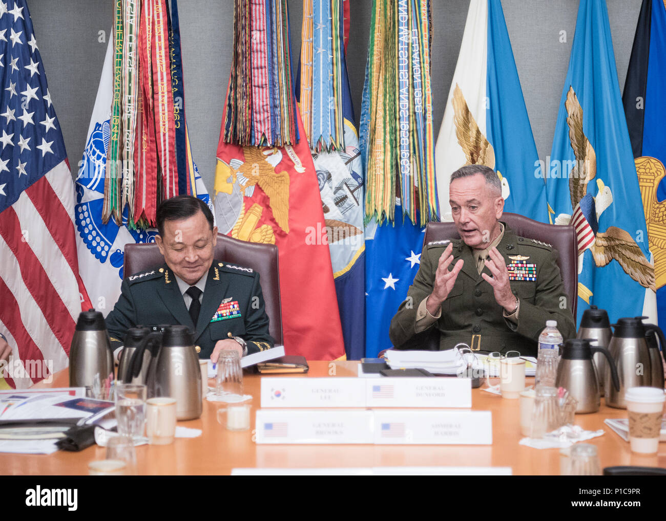 Chairman of the Joint Chiefs of Staff General Joseph F. Dunford hosted his Republic of Korea counterpart Gen. Lee Sun Jin for the 41st ROK-U.S. Military Committee Meeting at the Pentagon. Both senior military leaders strongly denounced North Korea's nuclear and missile provocations, stating they pose a serious threat to the Korean Peninsula, to the region, and to global peace and stability. (DoD Photos by Navy Petty Officer 2nd Class Dominique A. Pineiro) Stock Photo