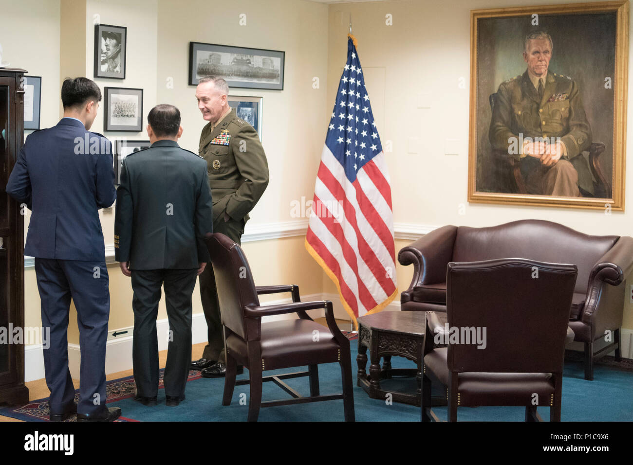 Chairman of the Joint Chiefs of Staff General Joseph F. Dunford hosted his Republic of Korea counterpart Gen. Lee Sun Jin for the 41st ROK-U.S. Military Committee Meeting at the Pentagon. Both senior military leaders strongly denounced North Korea's nuclear and missile provocations, stating they pose a serious threat to the Korean Peninsula, to the region, and to global peace and stability. (DoD Photos by Navy Petty Officer 2nd Class Dominique A. Pineiro) Stock Photo