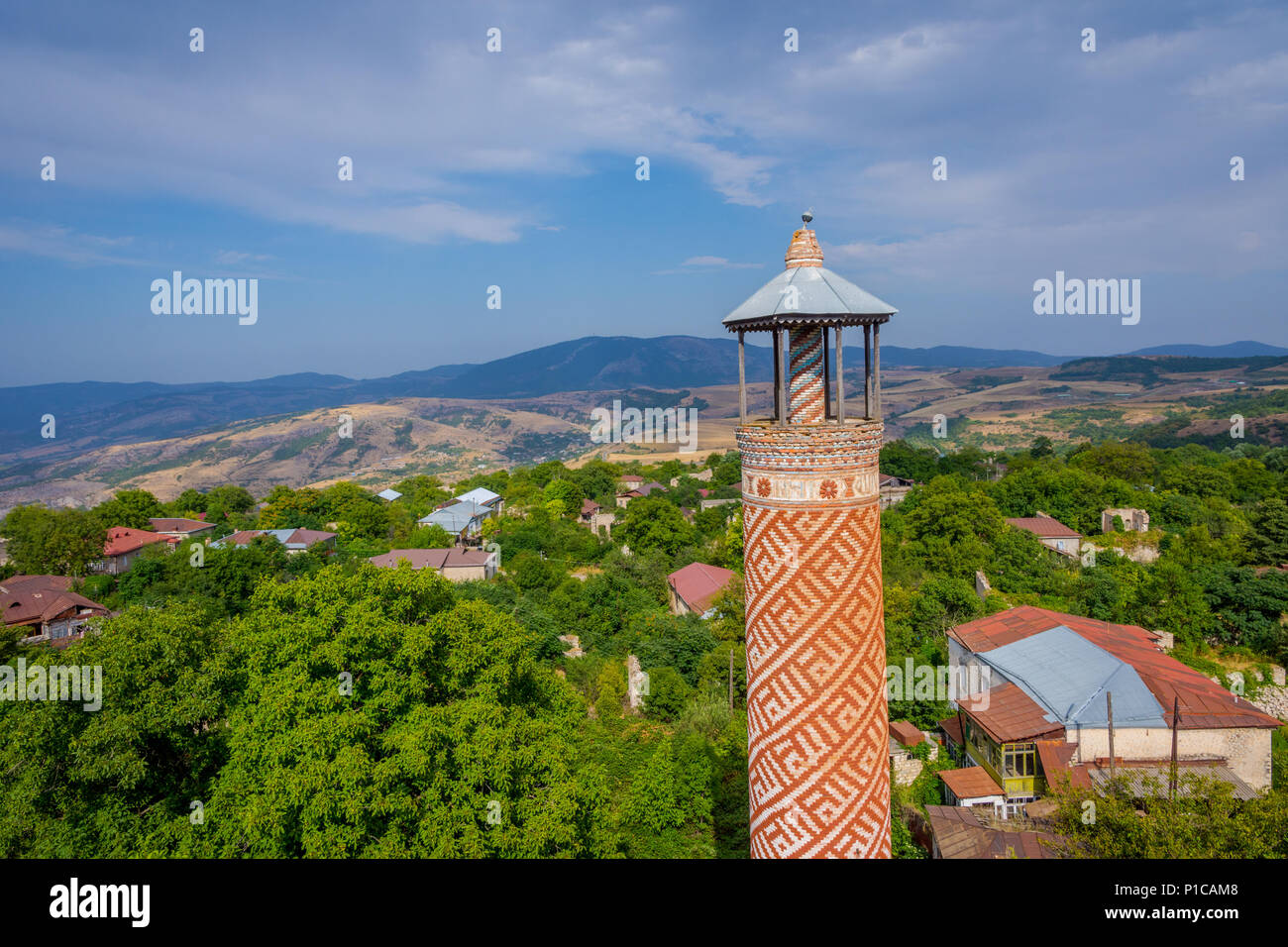 Minaret of abandoned Lower mosque, Shushi, Nagorno Karabakh, Artsakh republic Stock Photo