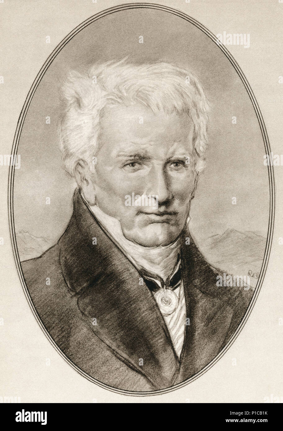 Friedrich Wilhelm Heinrich Alexander von Humboldt, 1769 – 1859.  Prussian polymath, geographer, naturalist, explorer, and influential proponent of Romantic philosophy and science.  Illustration by Gordon Ross, American artist and illustrator (1873-1946), from Living Biographies of Famous Men. Stock Photo