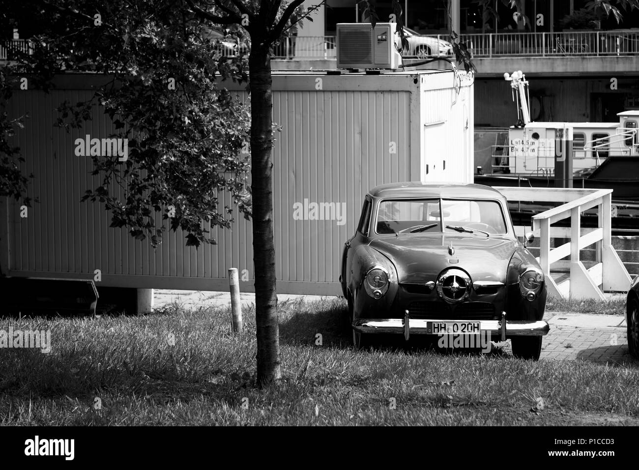 Classic car parked over the river in Hamburg, Germany Stock Photo