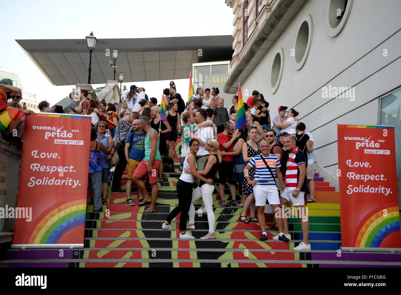Vienna, Austria, June, 11th 2018. Kissing Flashmob in Vienna during the pride month at the Albertina stairs in front of the gallery where the Keith Haring exhibition is taking place from the middle of March till the end of June.  Credit: Franz Perc / Alamy Live News Stock Photo
