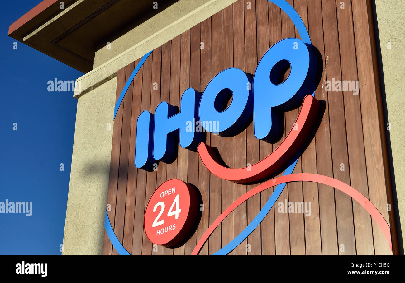 Las Vegas, Nevada, USA. 11th June, 2018. The sign for an IHOP restaurant is seen in Las Vegas. The International House of Pancakes created a marketing campaign suggesting it was going to change its name to IHOb. The restaurant chain was using the promotion to announce they were adding new hamburgers to the menu, said Darren Rebelez, president of IHOP. ''We want to convey that we are taking our burgers as seriously as our pancakes. Credit: David Becker/ZUMA Wire/Alamy Live News Stock Photo