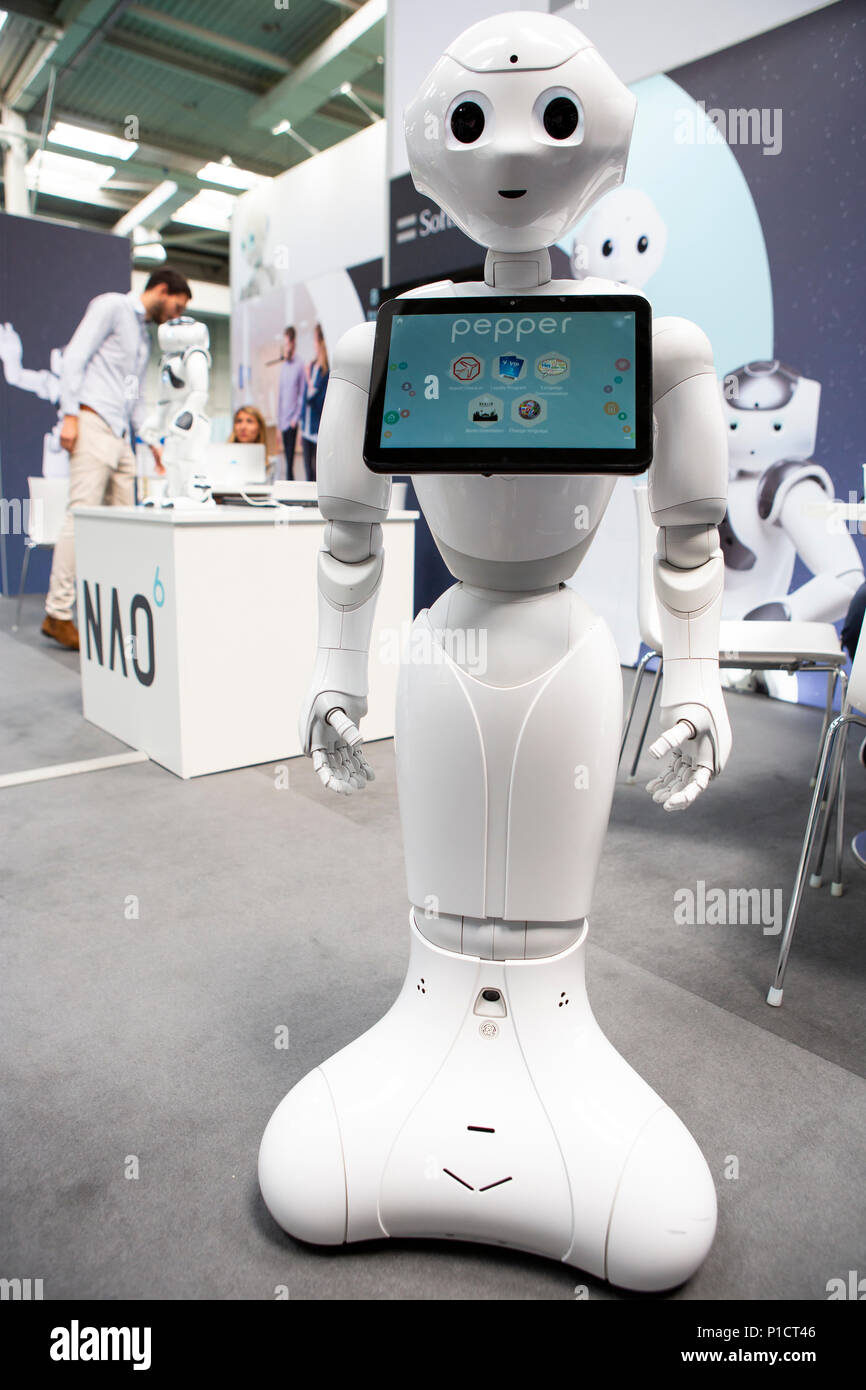 Hannover, Germany. 11th June, 2018. CEBIT 2018, international computer expo  and Europe's Business Festival for Innovation and Digitization: Pepper,  interactive humanoid robot, companion and personal robot, manufactured by  company SoftBank Robotics. Credit: