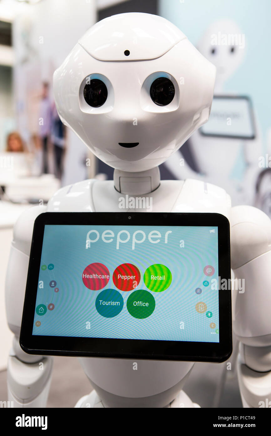 Hannover, Germany. 11th June, 2018. CEBIT 2018, international computer expo and Europe's Business Festival for Innovation and Digitization: Pepper, interactive humanoid robot, companion and personal robot, manufactured by company SoftBank Robotics. Credit: Christian Lademann/Alamy Live News Stock Photo