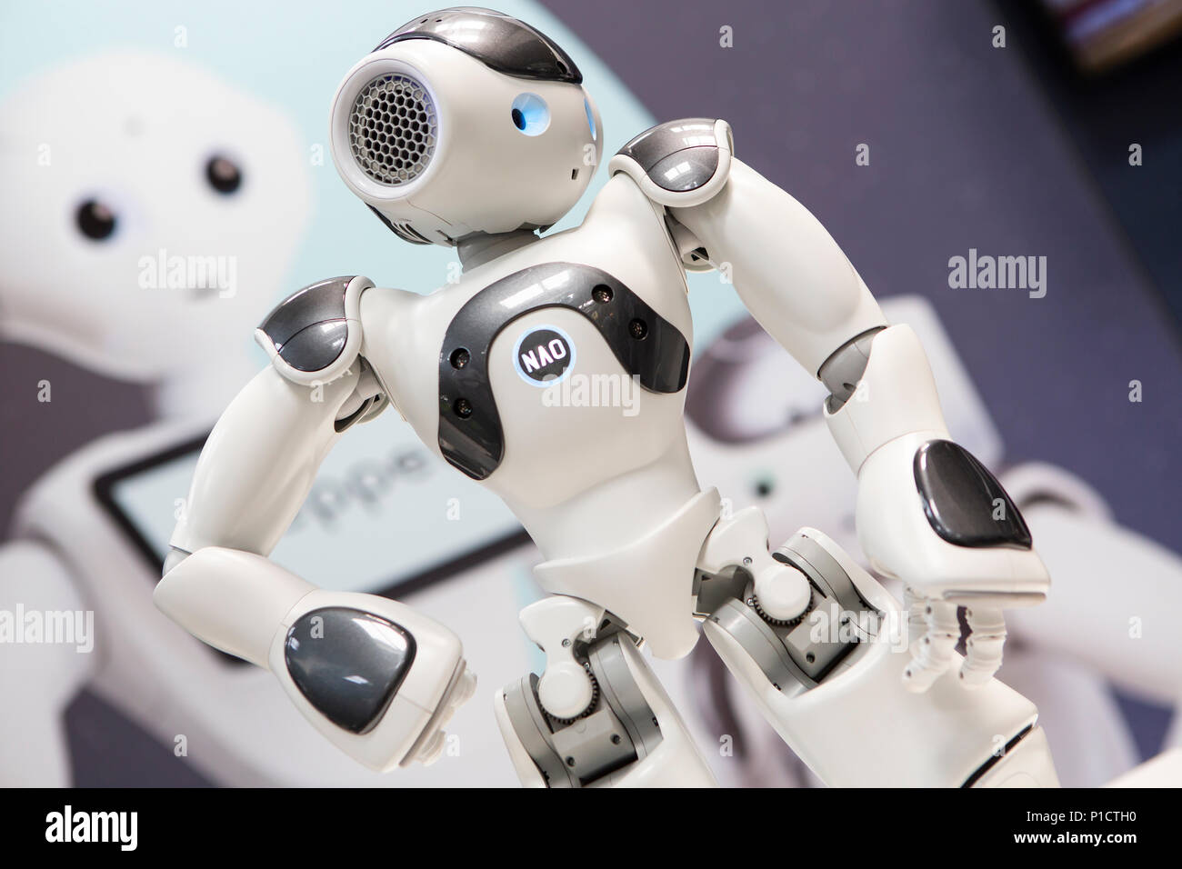 Hannover, Germany. 11th June, 2018. CEBIT 2018, international computer expo and Europe's Business Festival for Innovation and Digitization: NAO 6, interactive humanoid robot manufactured by company SoftBank Robotics. Credit: Christian Lademann/Alamy Live News Stock Photo