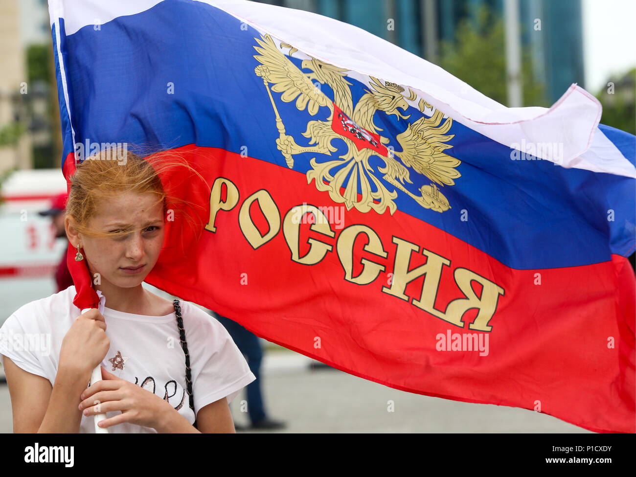Grozny Russia 12th June 18 Grozny Russia June 12 18 A Girl Holds The Russian Flag During A Concert Marking Russia Day A National Holiday Celebrated On June 12 In The Grozny Russia 12th June 18 Grozny Russia June 12 18 A Girl Holds The Russian Flag During A Concert Marking Russia Day A National Holiday Celebrated On June 12 In The