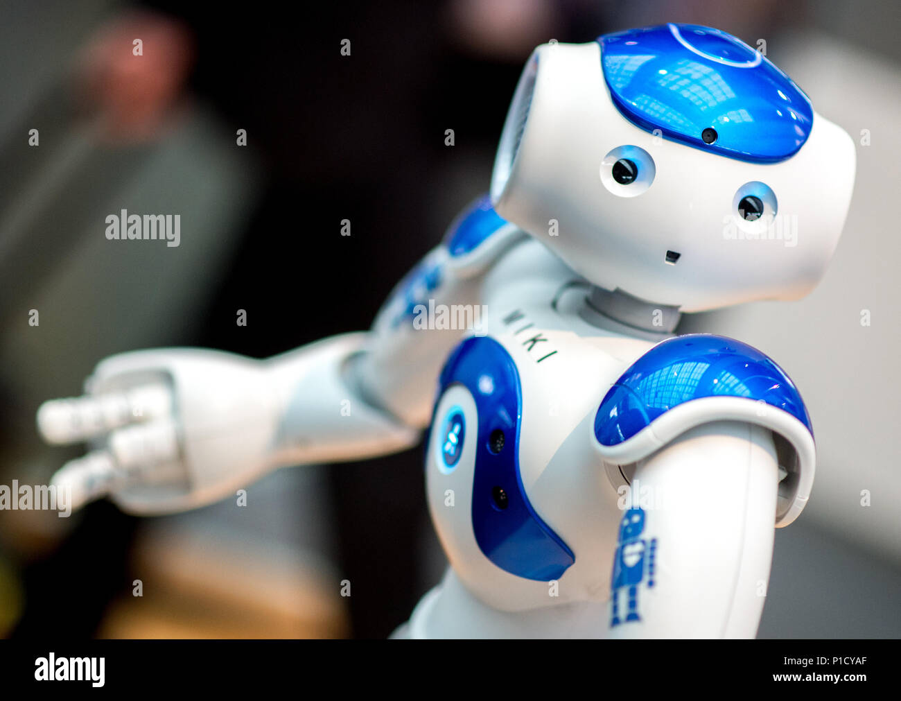 12 June 2018, Germany, Hanover: 'Miki', a robot programmed for educational purposes, at the stall of the German Ministry of Education and Research during the CEBIT innovation and digitization festival. The CEBIT festival is set to run from 11 - 15 June. Photo: Hauke-Christian Dittrich/dpa Credit: dpa picture alliance/Alamy Live News Stock Photo