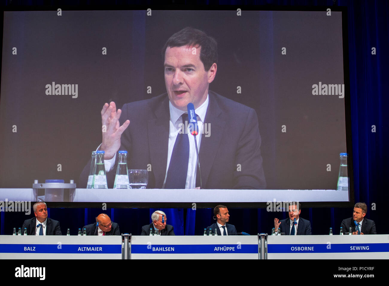 12 June 2018, Germany, Berlin: George Osborne, former British chancellor of the exchequer, speaking during a discussion at the Wirtschaftstag 2018 of the CDU Economic Council. Photo: Jens Büttner/dpa-Zentralbild/dpa Stock Photo