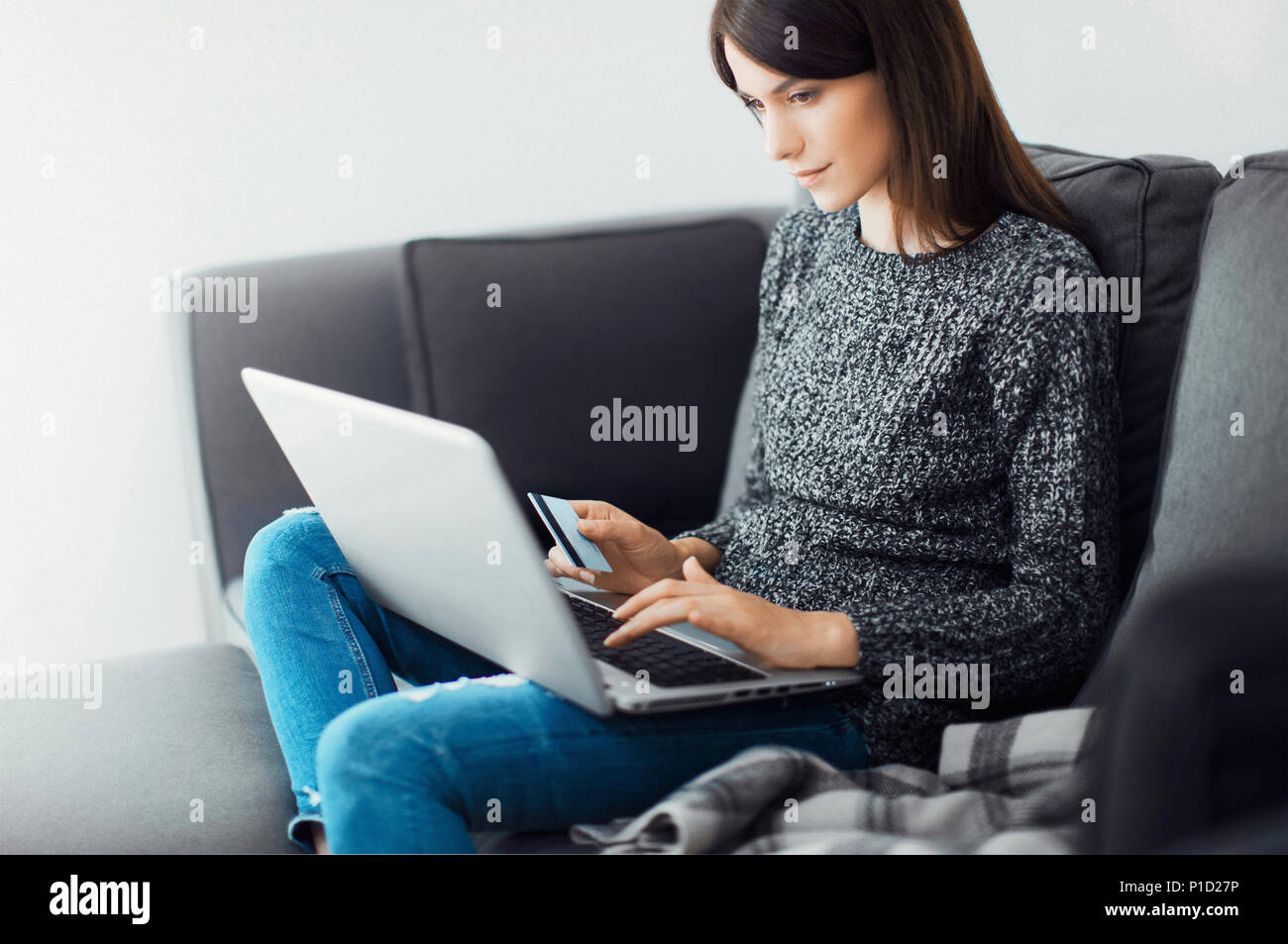Woman work with pc and credit card, business Stock Photo
