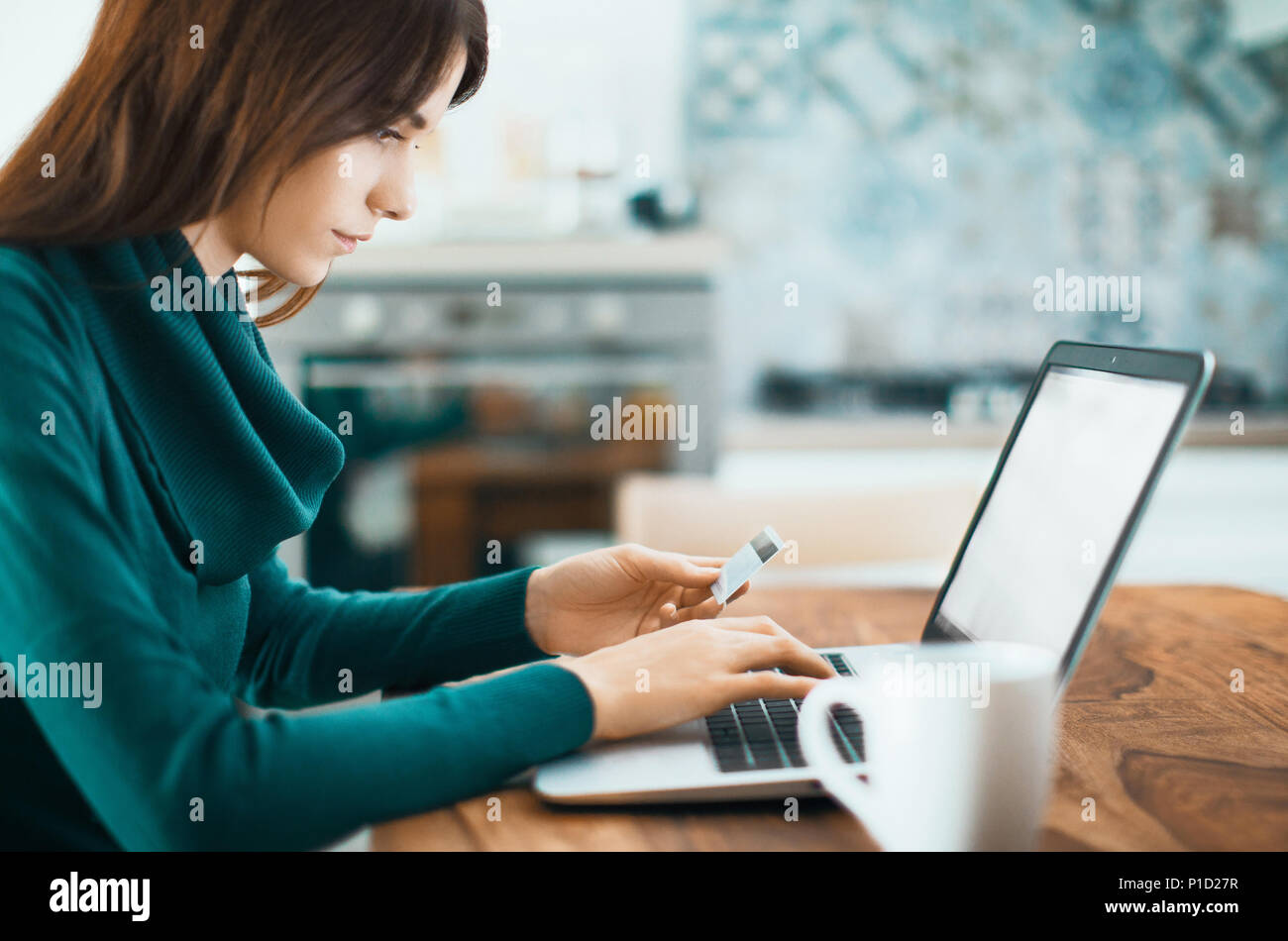 Woman work with pc and credit card, business Stock Photo