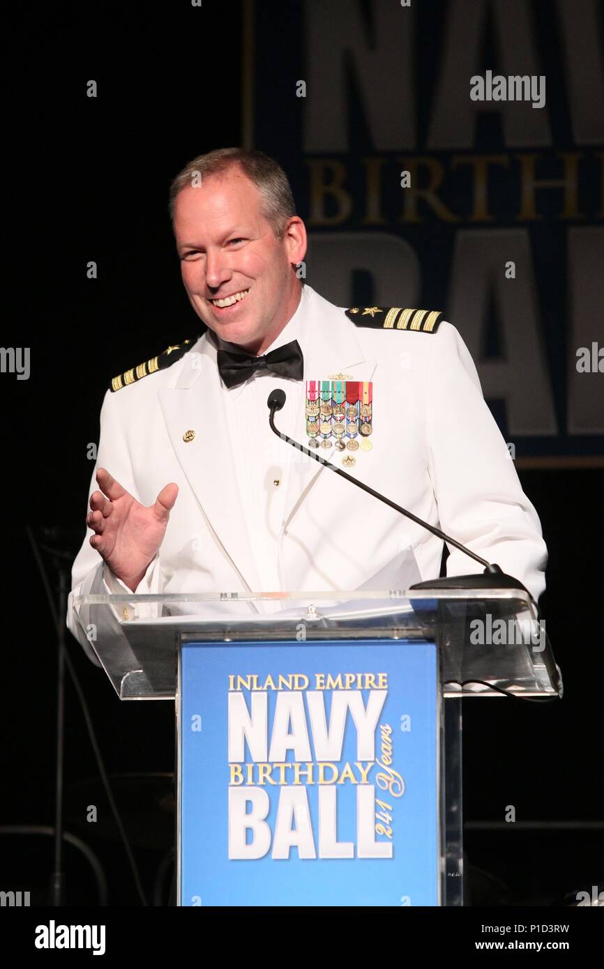 161014-N-HW977-315  RIVERSIDE, Calif. (Oct. 14, 2016) Capt. Stephen H. Murray, commanding officer of Naval Surface Warfare Center (NSWC), Corona Division, welcomes guests to the second annual Inland Empire Navy Birthday Ball. The sold-out event, commemorating the Navy's 241st birthday, included dinner, ceremonies, music, and dancing with all proceeds to benefit the Navy-Marine Corps Relief Society. (U.S. Navy photo by Greg Vojtko/Released) Stock Photo