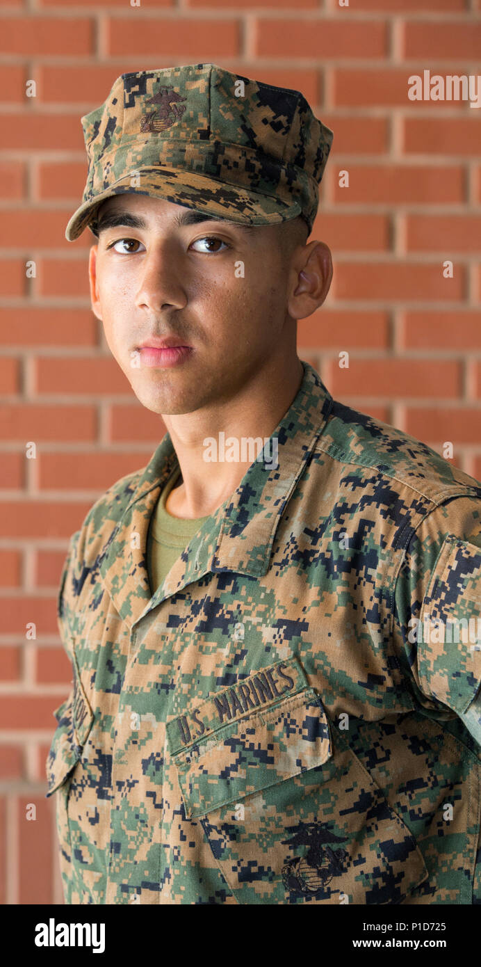 Pvt. Shohruh M. Rahmatov, Platoon 3085, India Company, 3rd Recruit Training Battalion, earned U.S. citizenship Oct. 20, 2016, on Parris Island, S.C. Before earning citizenship, applicants must demonstrate knowledge of the English language and American government, show good moral character and take the Oath of Allegiance to the U.S. Constitution. Rahmatov, from Queens, N.Y., originally from Uzbekistan, is scheduled to graduate Oct. 21, 2016. (Photo by Cpl. Vanessa Austin) Stock Photo