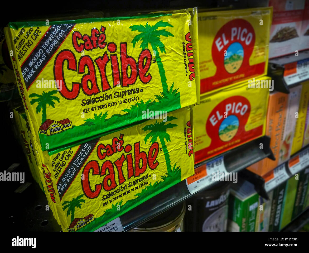 Bricks of Coffee Holding Co.'s CafÃ© Caribe brand on a supermarket shelf in New York on Wednesday, May 30, 2018. The Coffee Holding Co., Inc. manufactures and markets their coffees in the United States, Canada, Australia, England, and China. (Â© Richard B. Levine) Stock Photo
