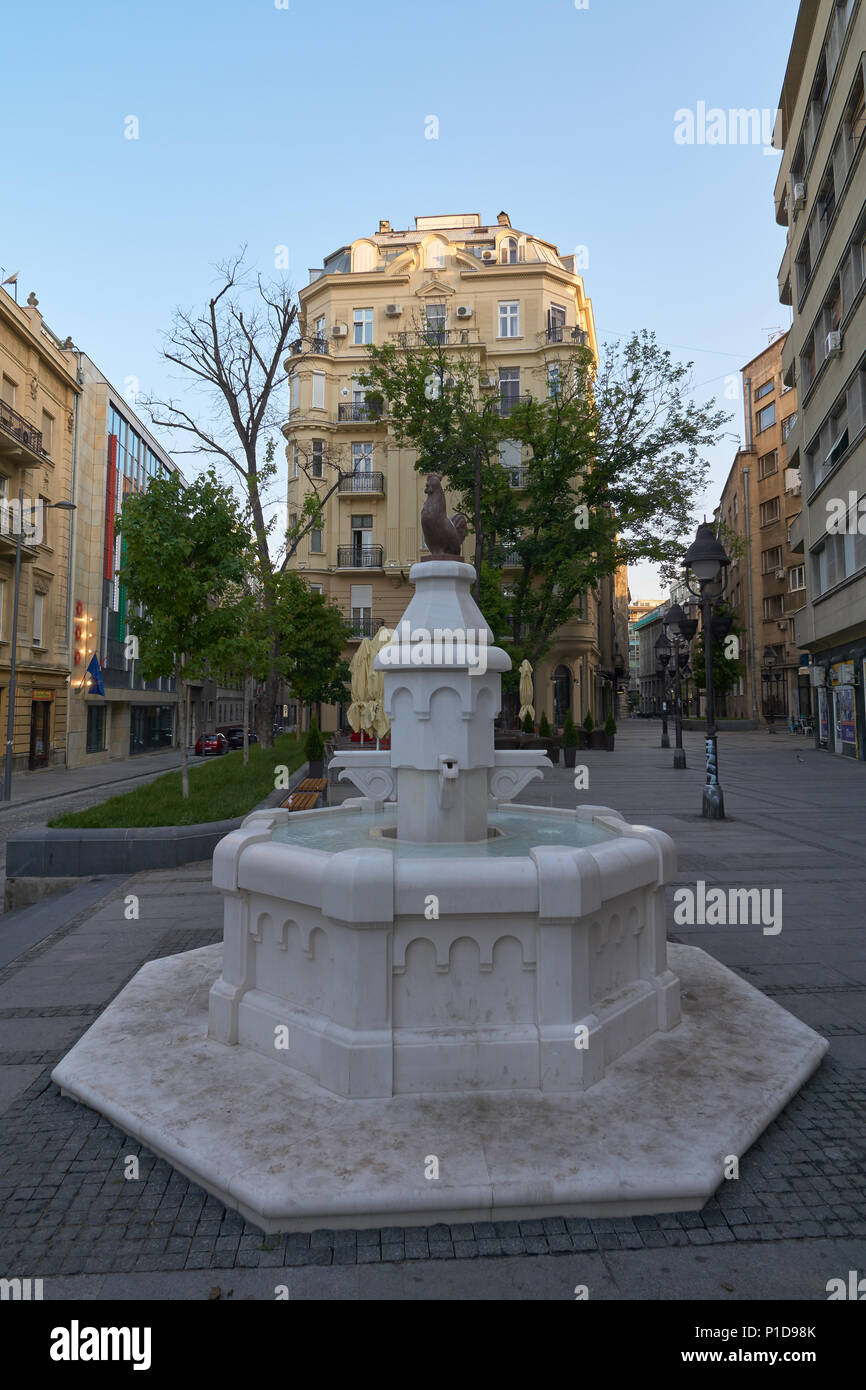 Belgrade, Serbia - May 03, 2018: White marble fountain in the morning on Cara Lazara street Stock Photo