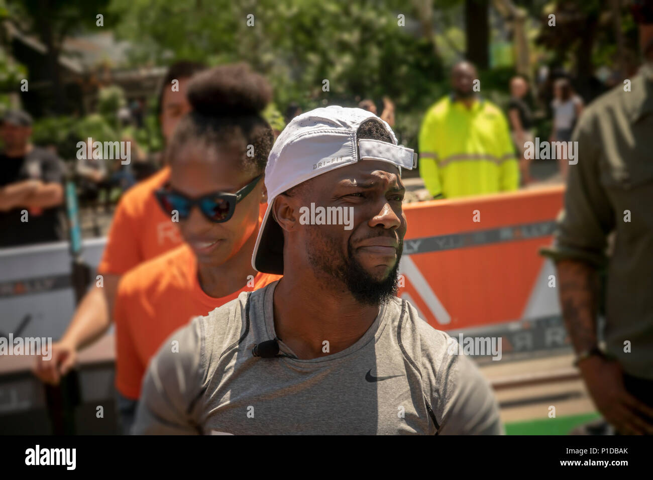 Comedian/Actor Kevin Hart participates in the "Rally on the Road"  healthfest sponsored by Rally Health in Flatiron Plaza in New York on  Thursday, May 24, 2018. Rally Health is a digital platform