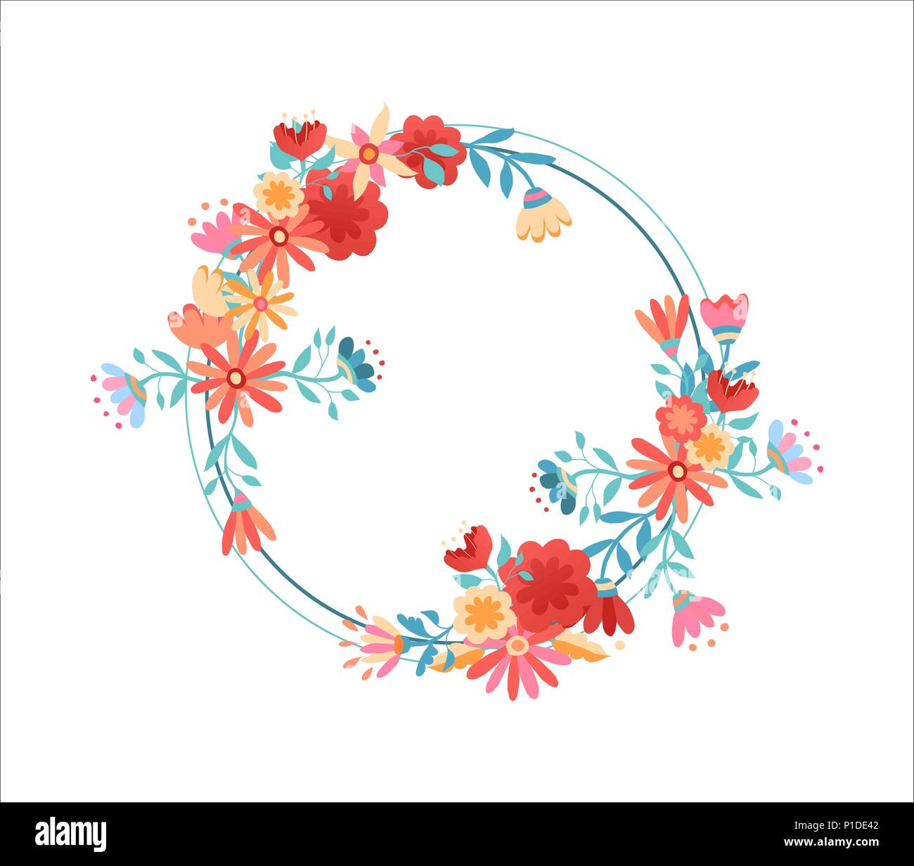 Flower wreath illustration on isolated background. Hand drawn daisy and rose floral frame with copy space. EPS10 vector. Stock Vector