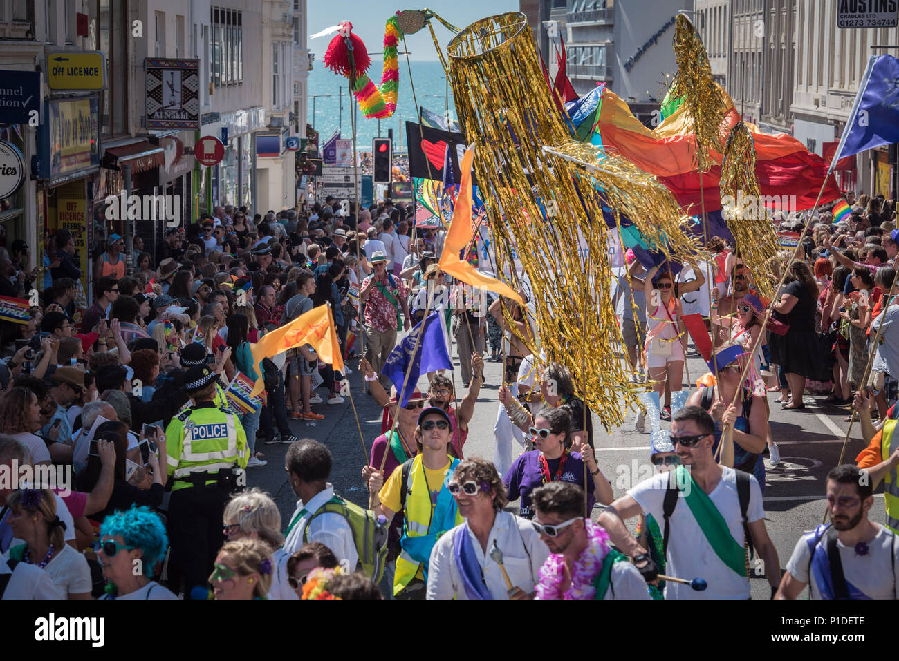 Brighton, East Sussex, August 6th, 2016. Thousands of people line the streets of Brighton to help celebrate the biggest Pride Festival in the UK, with Stock Photo