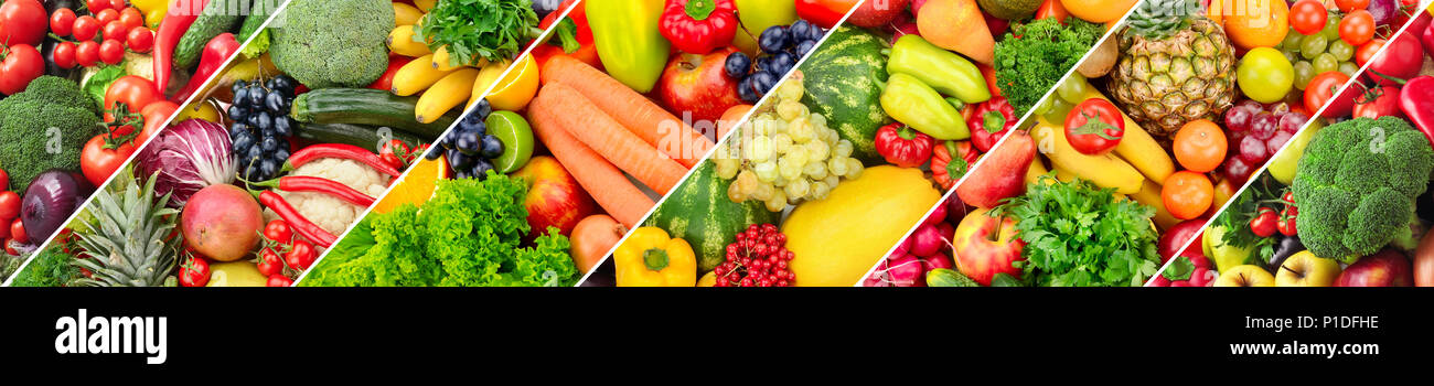 Panoramic collage of fresh fruits and vegetables. Food concept background. Stock Photo