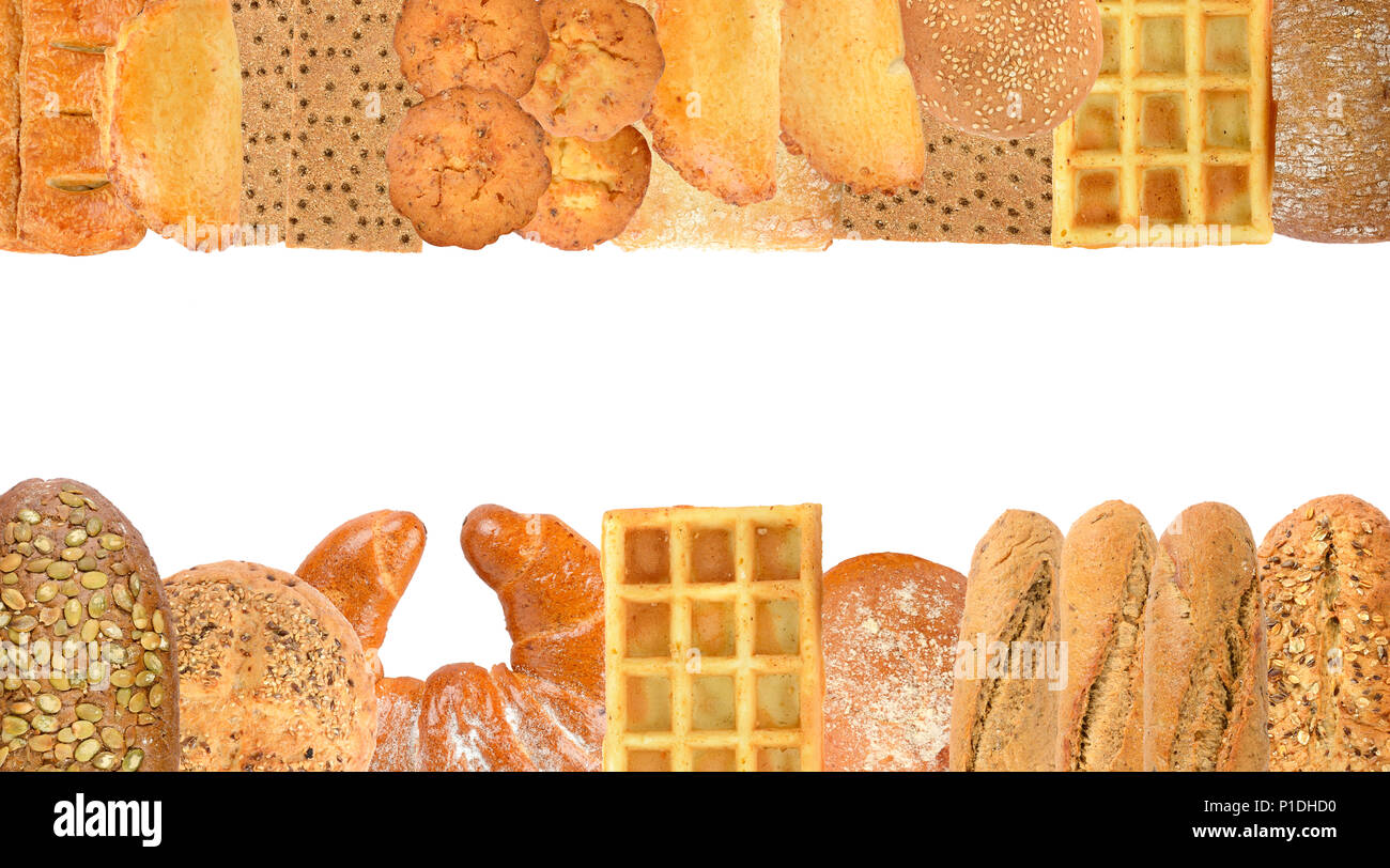 Frame of fresh bread products isolated on white background. Stock Photo