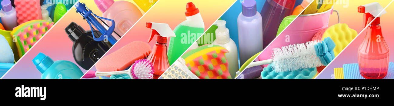 Panoramic collection of cleaning supplies Stock Photo