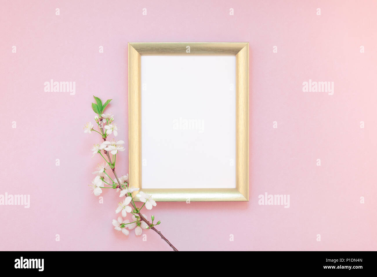 Creative flat lay concept top view of blank frame mock up and cherry ...