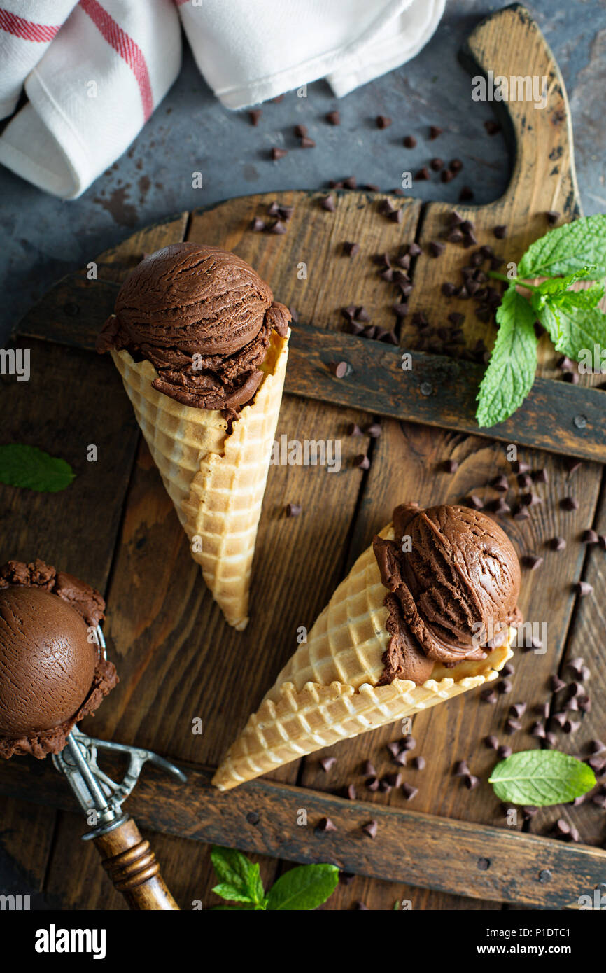 Chocolate ice cream in waffle cones Stock Photo Alamy