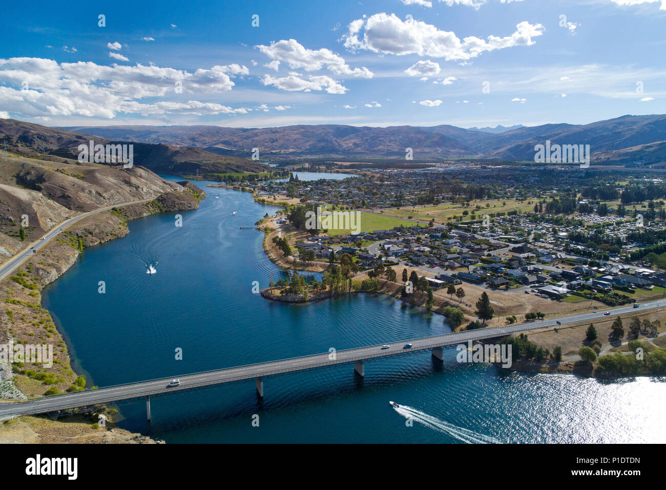 Deadman's Point Bridge and Lake Dunstan, Cromwell, Central Otago, South Island, New Zealand - drone aerial Stock Photo