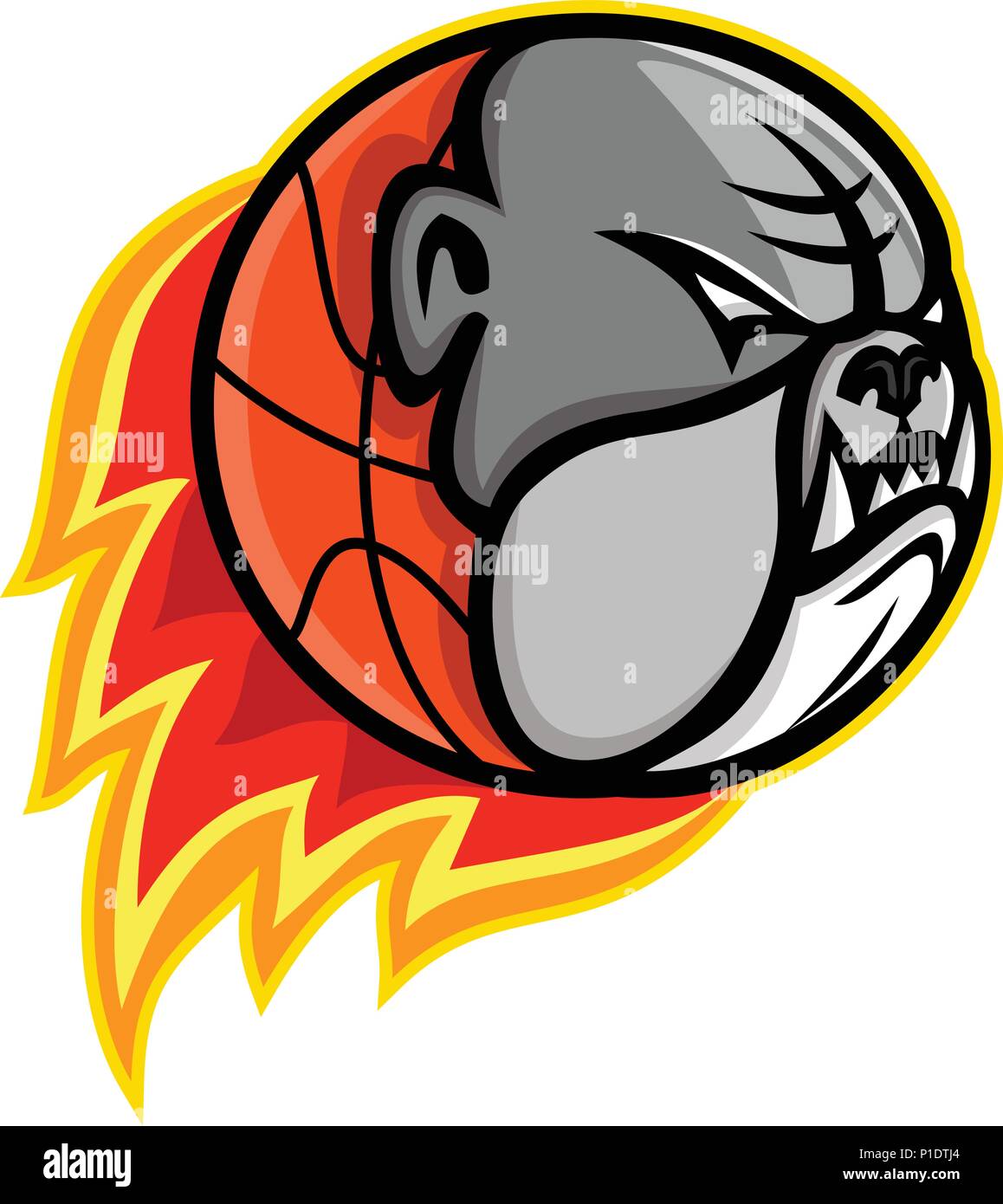 Sports mascot icon illustration of head of a bulldog on blazing or flaming basketball ball on fire viewed from side on isolated background in retro st Stock Vector