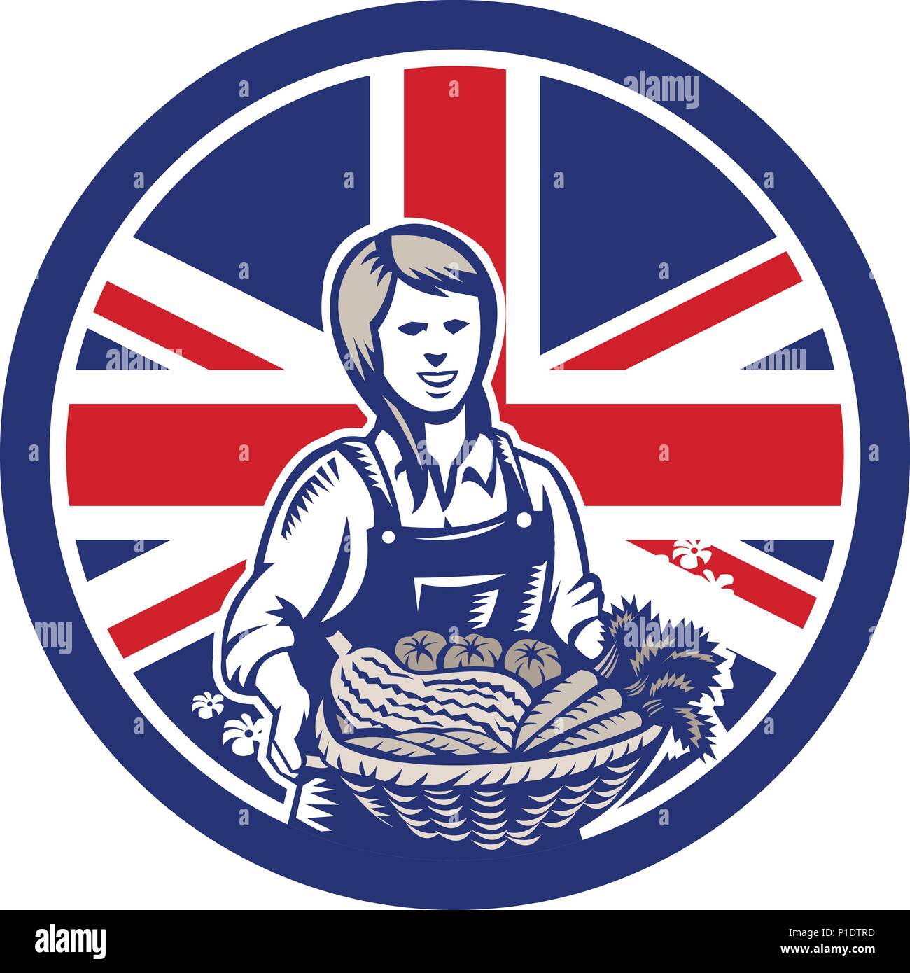 Icon retro style illustration of a British female organic farmer presenting crop harvest  with United Kingdom UK, Great Britain Union Jack flag set in Stock Vector