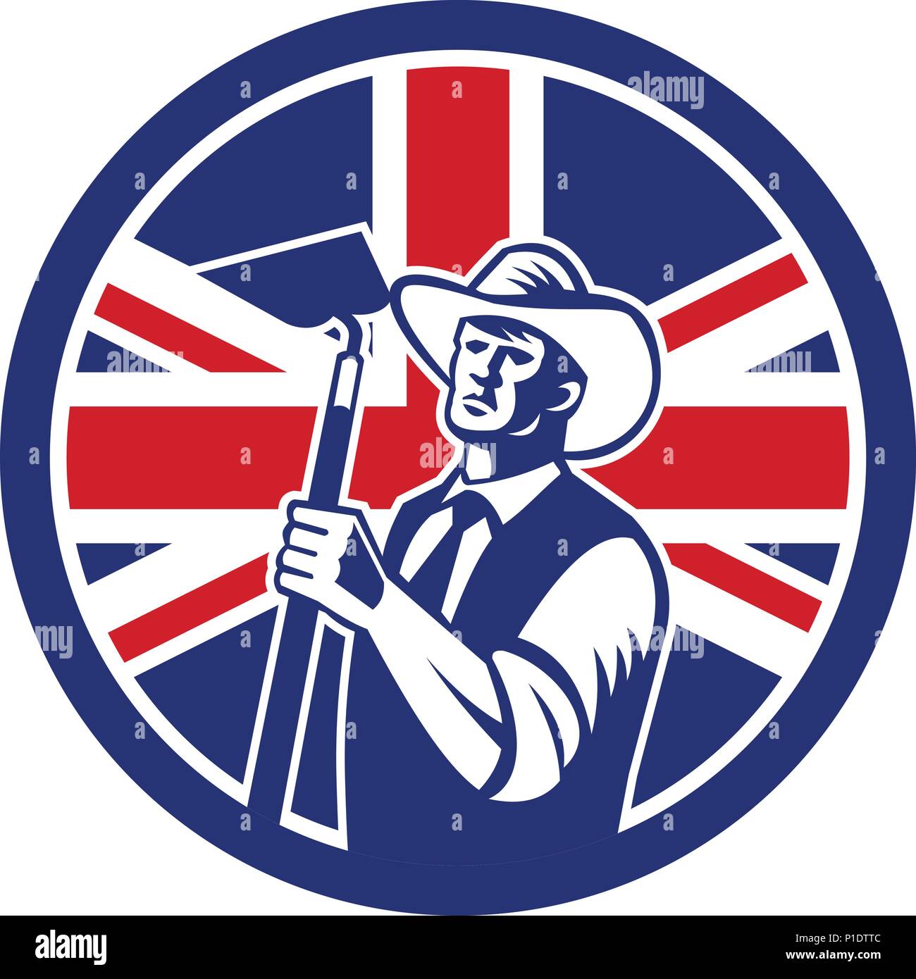 Icon retro style illustration of a British organic farmer holding a grab hoe with United Kingdom UK, Great Britain Union Jack flag set inside circle o Stock Vector