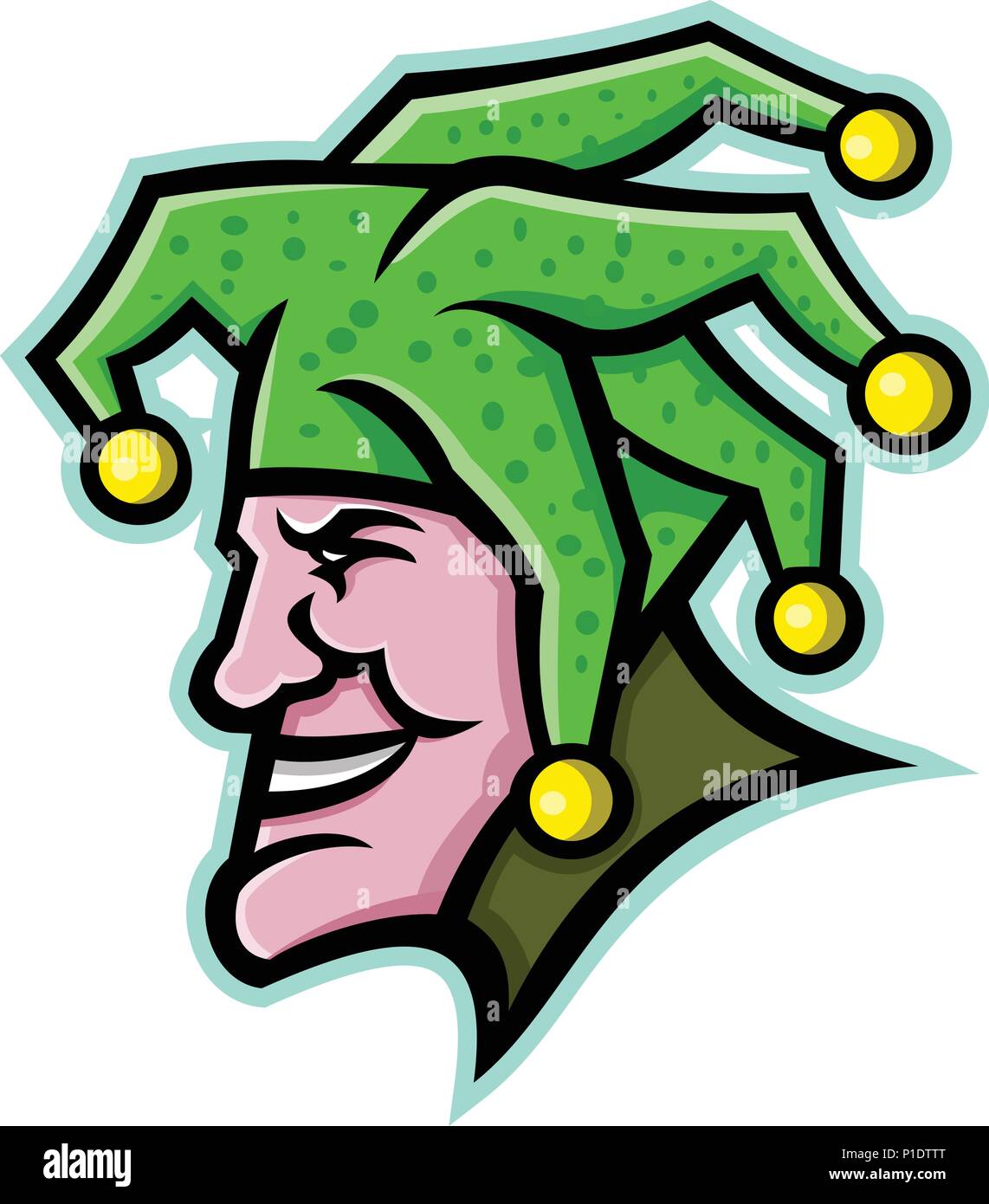 Mascot icon illustration of head of a harlequin, jester, minstrel, joker, medieval singer or musician, entertainer viewed from side on isolated backgr Stock Vector