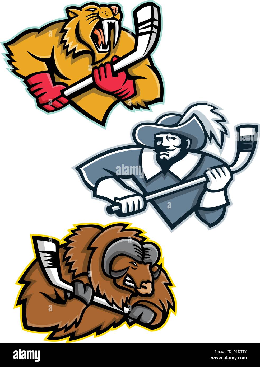 Mascot icon illustration set of ice hockey sporting mascots like the saber toothed tiger or sabre-toothed cat, musketeer or cavalier, musk ox or musko Stock Vector