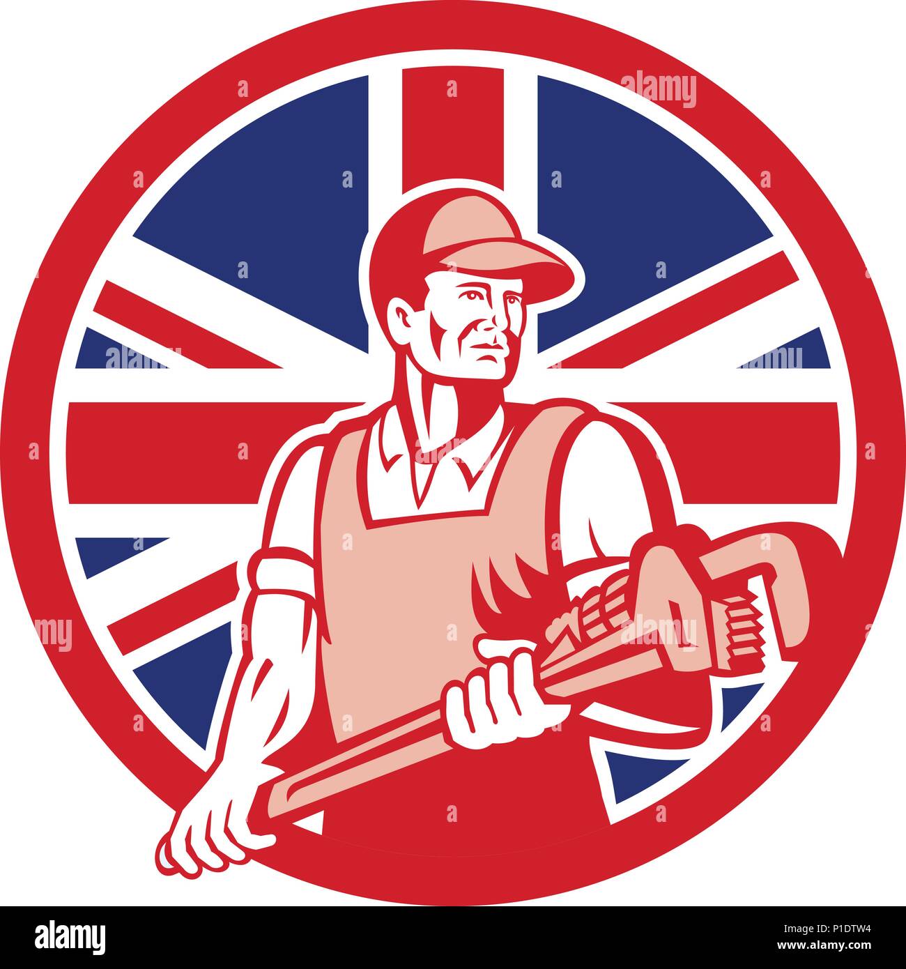 Icon retro style illustration of a British plumber and gasfitter holding monkey wrench with United Kingdom UK, Great Britain Union Jack flag set insid Stock Vector