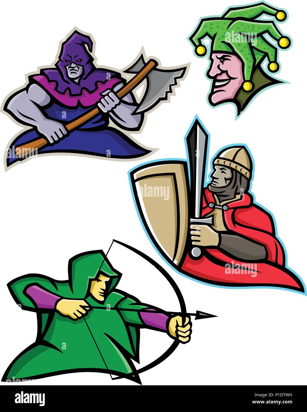 Mascot icon illustration set of a king or royal medieval court persons or characters like the hooded executioner, court jester, fool or joker, medieva Stock Vector