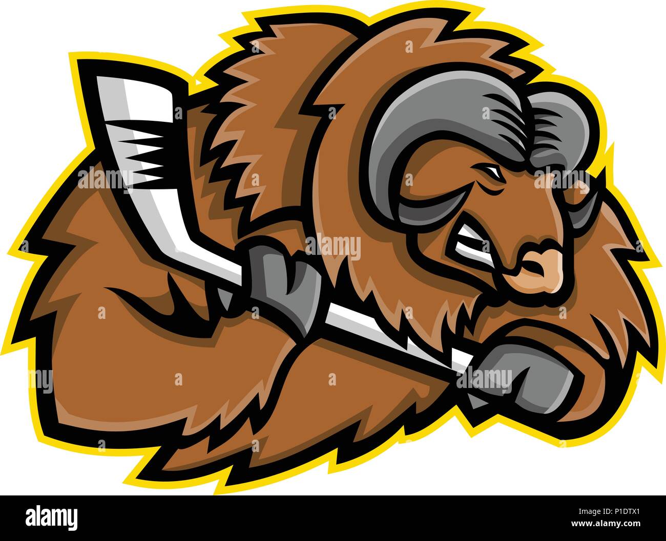 Mascot icon illustration of head of a muskox, musk ox or musk-ox, an Arctic hoofed mammal of the family Bovidae, with ice hockey stick viewed from sid Stock Vector