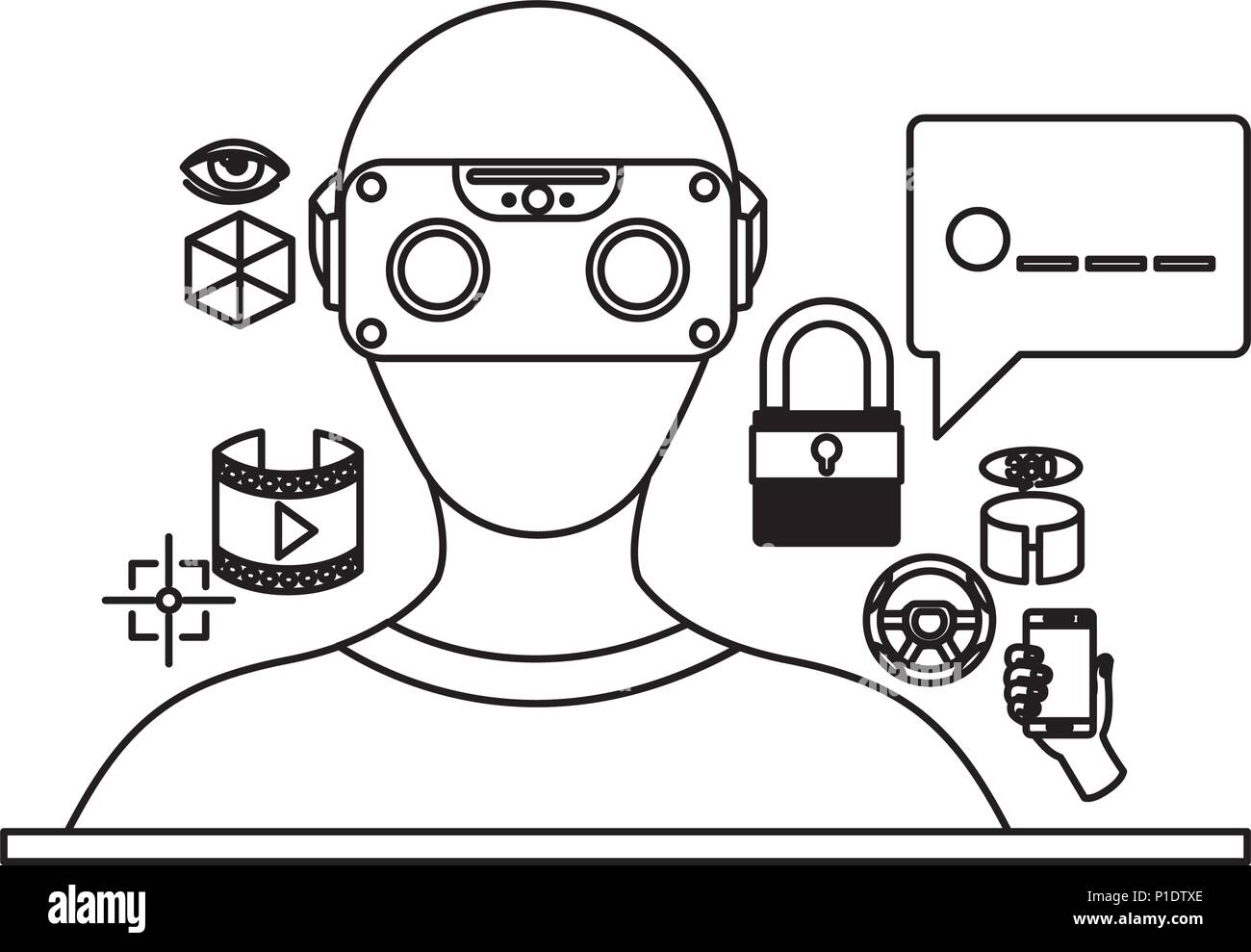 user with reality virtual mask and set icons technology Stock Vector ...