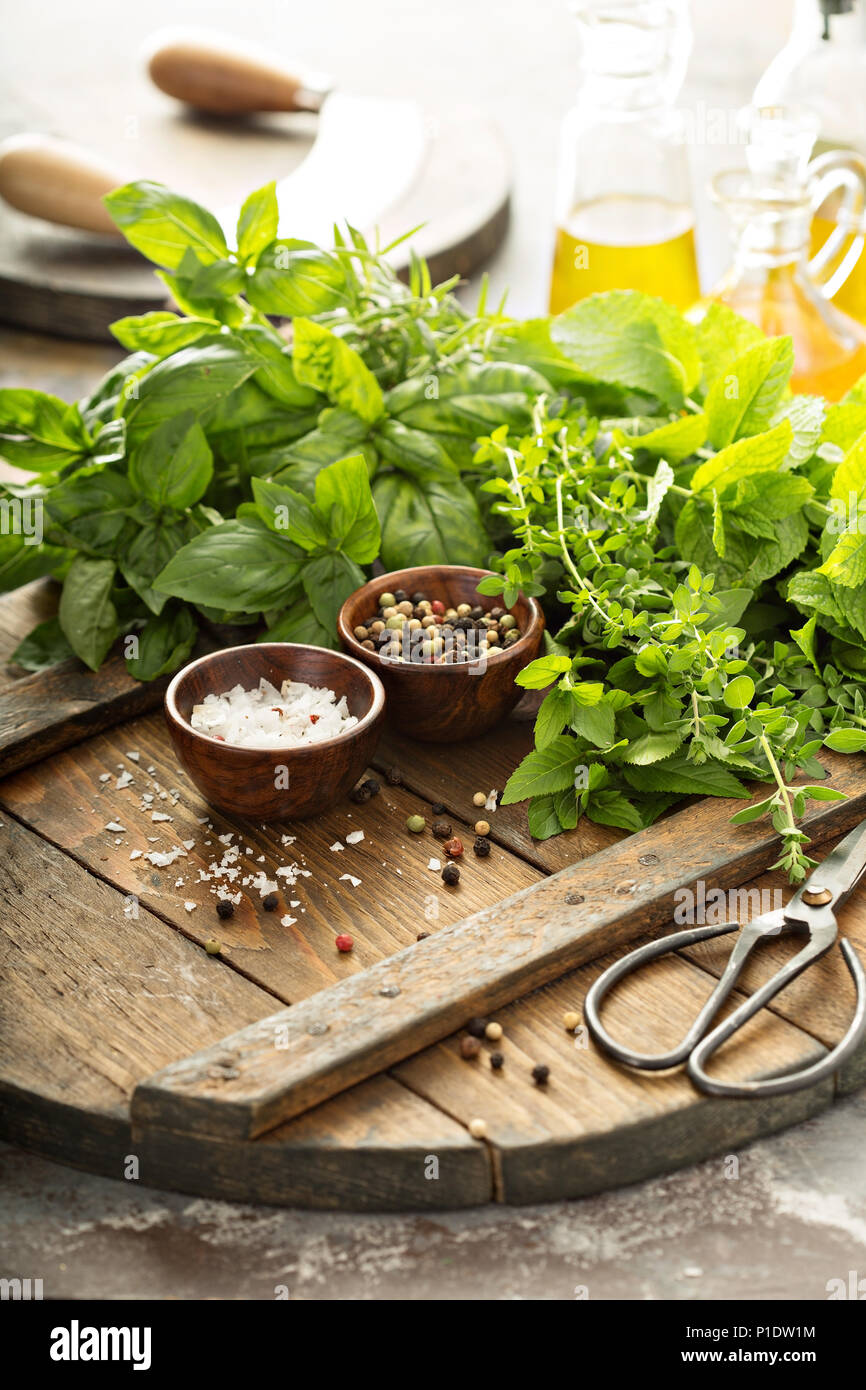 Bundle fresh italian herbs rosemary hires stock photography and images